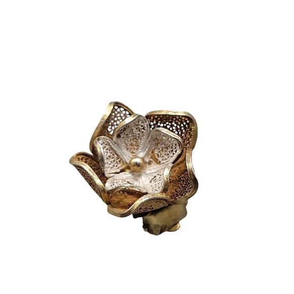800 Silver Flower Clip On Earrings Gold Wash Two Tone Vintage - Picture 6 of 11